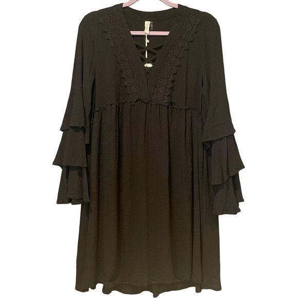 L Love Womens Flowy Dress Size S Black 100% Rayon Lined Lace-Up Neckline - Picture 6 of 11